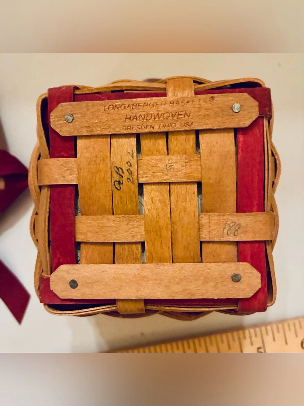 Longaberger Small Valentine Woven Basket with Burgundy Ribbon w/ Acc